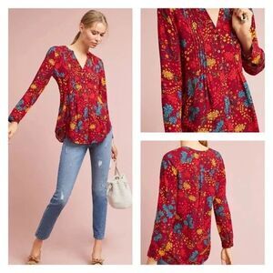 Maeve Anthropologie Printed Pintuck Blouse Women Size Small Burgundy Red Floral